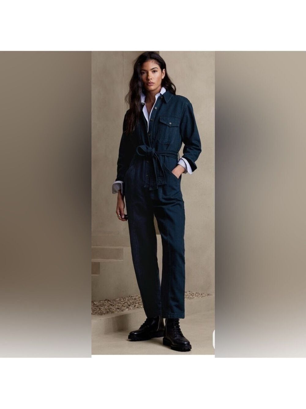 Banana Republic Industrial Dark Wash Denim Utility Jumpsuit L NWT